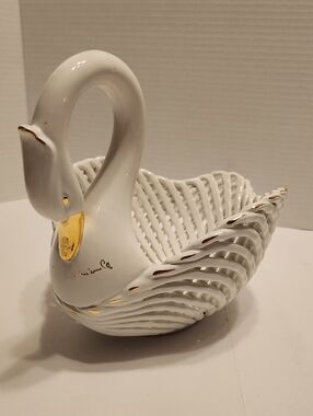 White Porcelain Swan Basket Weave Bowl with Gold Accents - Elegant Home Art